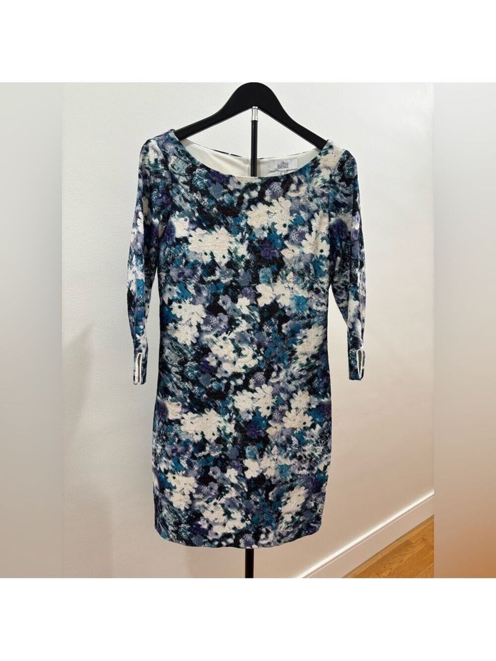 662. Badgley Mischka Blue and Purple Floral Long Sleeve Dress